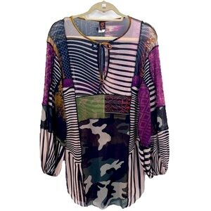 Jean Paul Gaultier Soleil Mesh Colorful Balloon Sleeve Tie Front Tunic Top Large